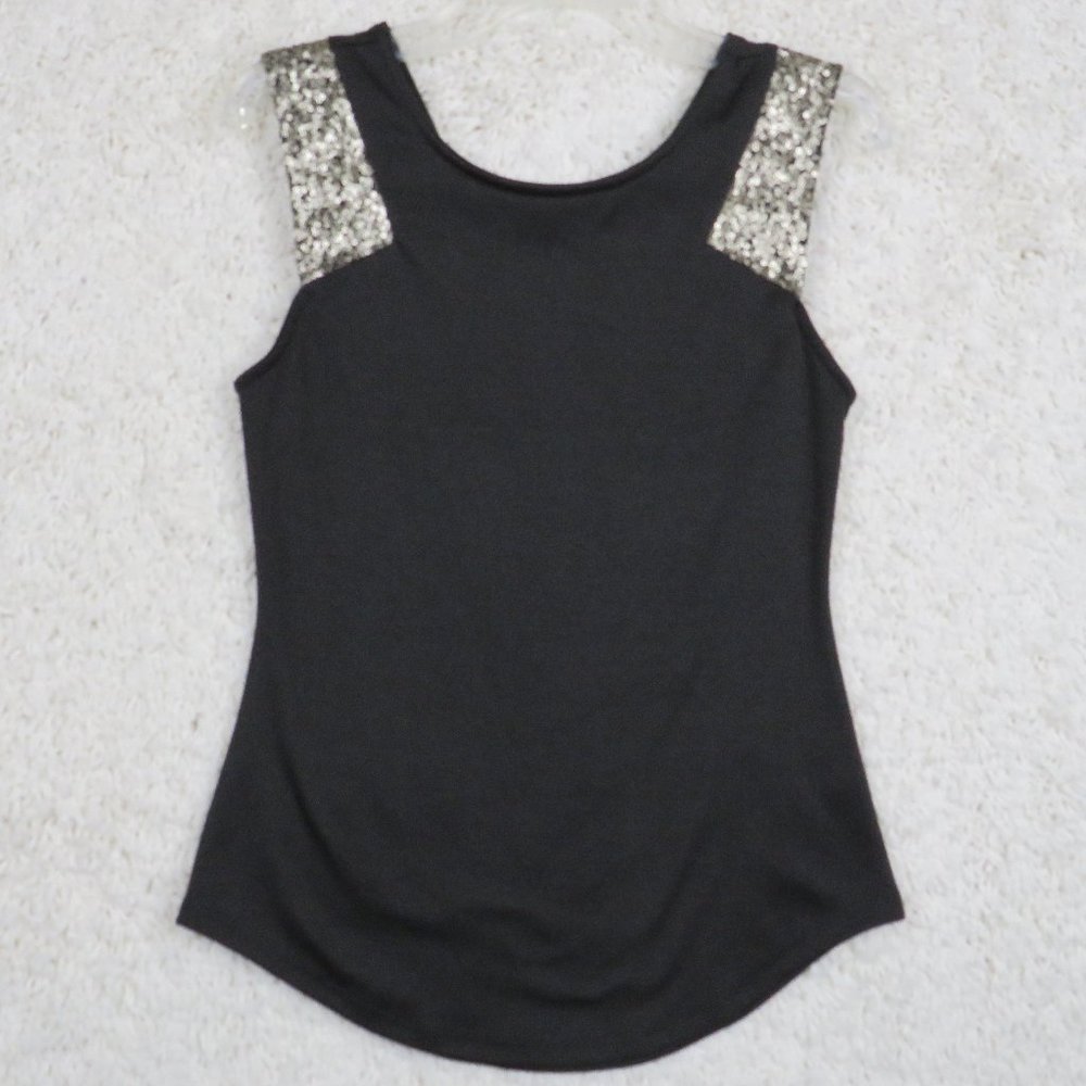 Monteau* Women's Sleeveless Ballet‎ Neck Curved Hem Sequence Blouse Size~ Small